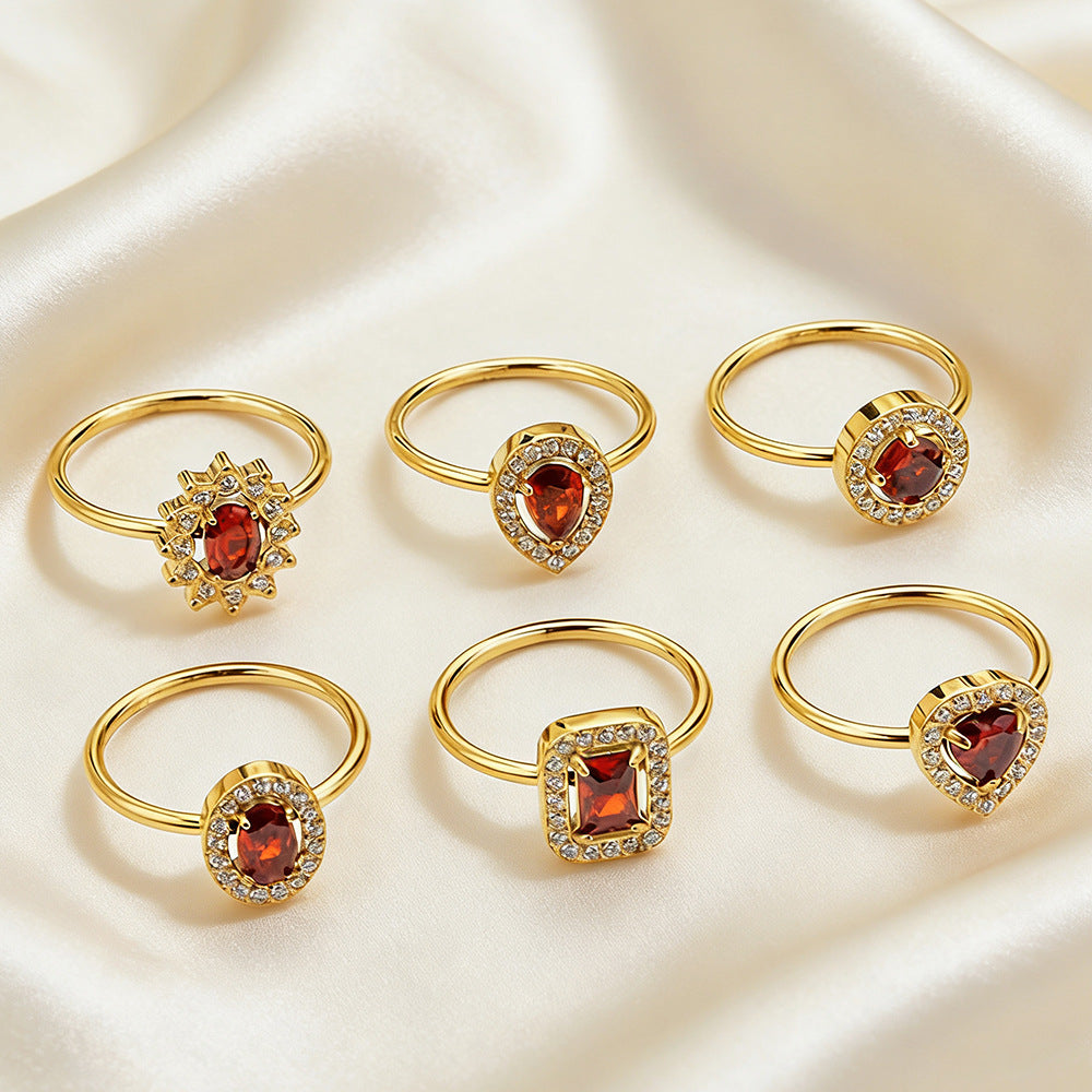 Garnet Zodiac Sign Rings - 12 Constellation Themed Gold Plated Adjustable Rings